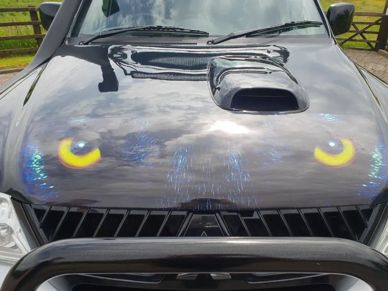The eyes on the black bonnet of the Wolf Edition, up close