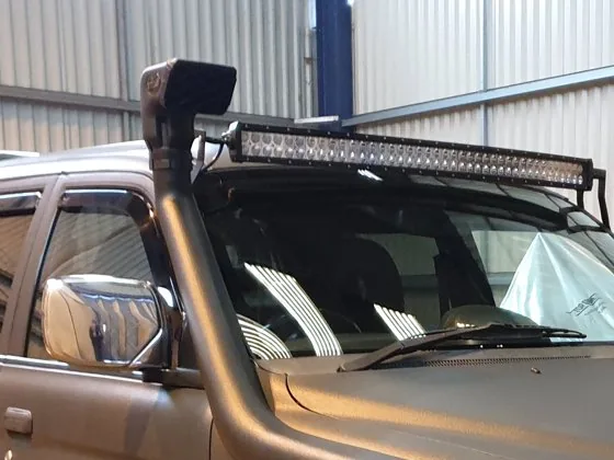 The Storm Edition's snorkel and roof light bar, close up in the STC workshop
