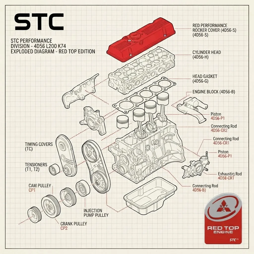 An exploded view of the STC Red Top 4D56 engine